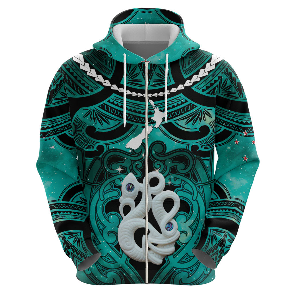 Personalised Maori Matariki Manaia Turquoise Zip Hoodie Maori Kowhaiwhai Pattern Galaxy LT01 - Polynesian Pride