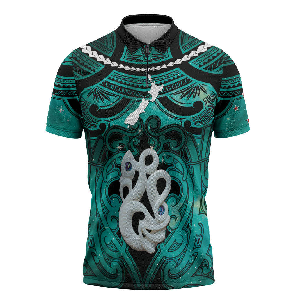 Personalised Maori Matariki Manaia Turquoise Zipper Polo Shirt Maori Kowhaiwhai Pattern Galaxy LT01 Turquoise - Polynesian Pride