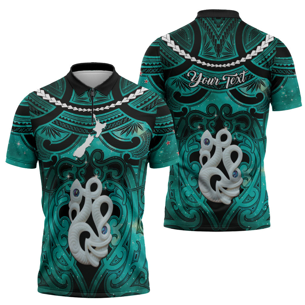 Personalised Maori Matariki Manaia Turquoise Zipper Polo Shirt Maori Kowhaiwhai Pattern Galaxy LT01 - Polynesian Pride