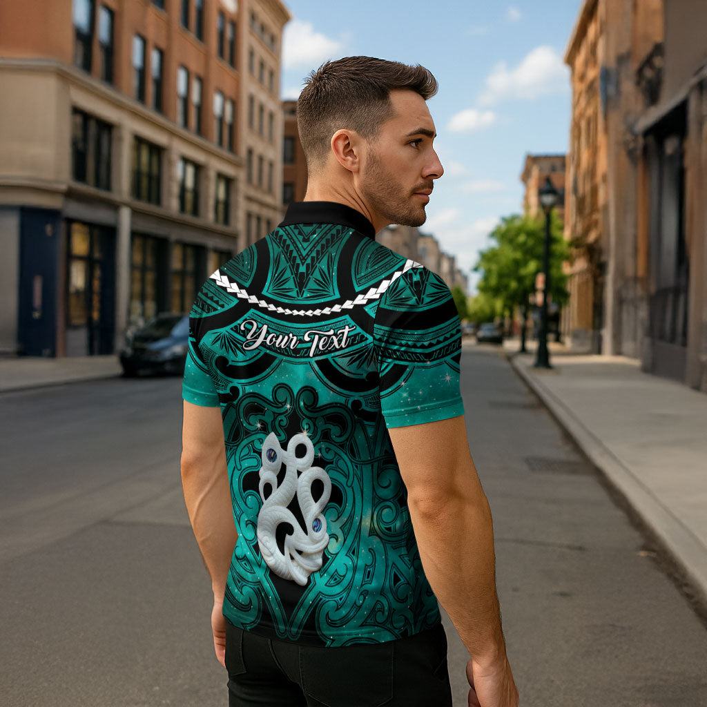 Personalised Maori Matariki Manaia Turquoise Zipper Polo Shirt Maori Kowhaiwhai Pattern Galaxy LT01 - Polynesian Pride