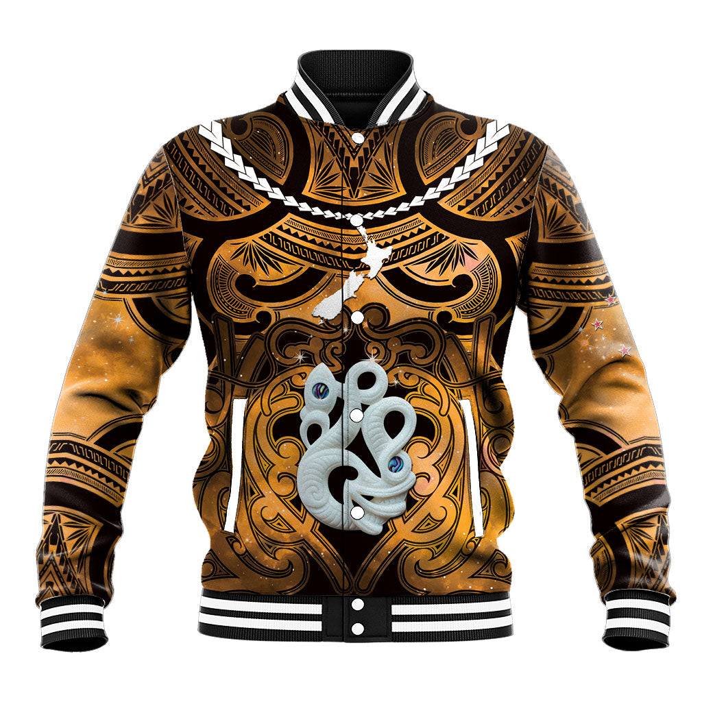Personalised Maori Matariki Manaia Kowhai Baseball Jacket Maori Kowhaiwhai Pattern Galaxy LT01 Unisex Yellow - Polynesian Pride