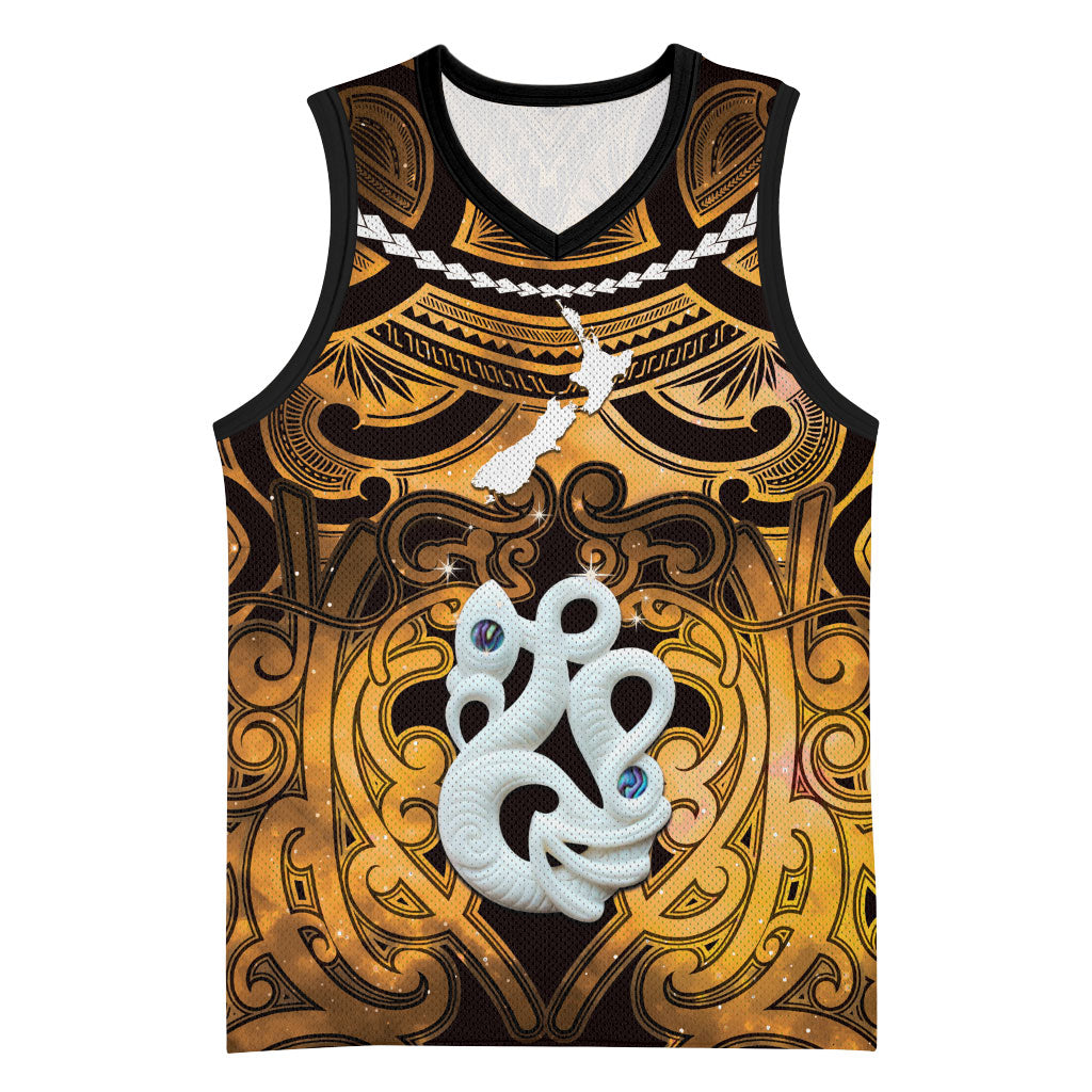 Personalised Maori Matariki Manaia Kowhai Basketball Jersey Maori Kowhaiwhai Pattern Galaxy LT01 Unisex Yellow - Polynesian Pride