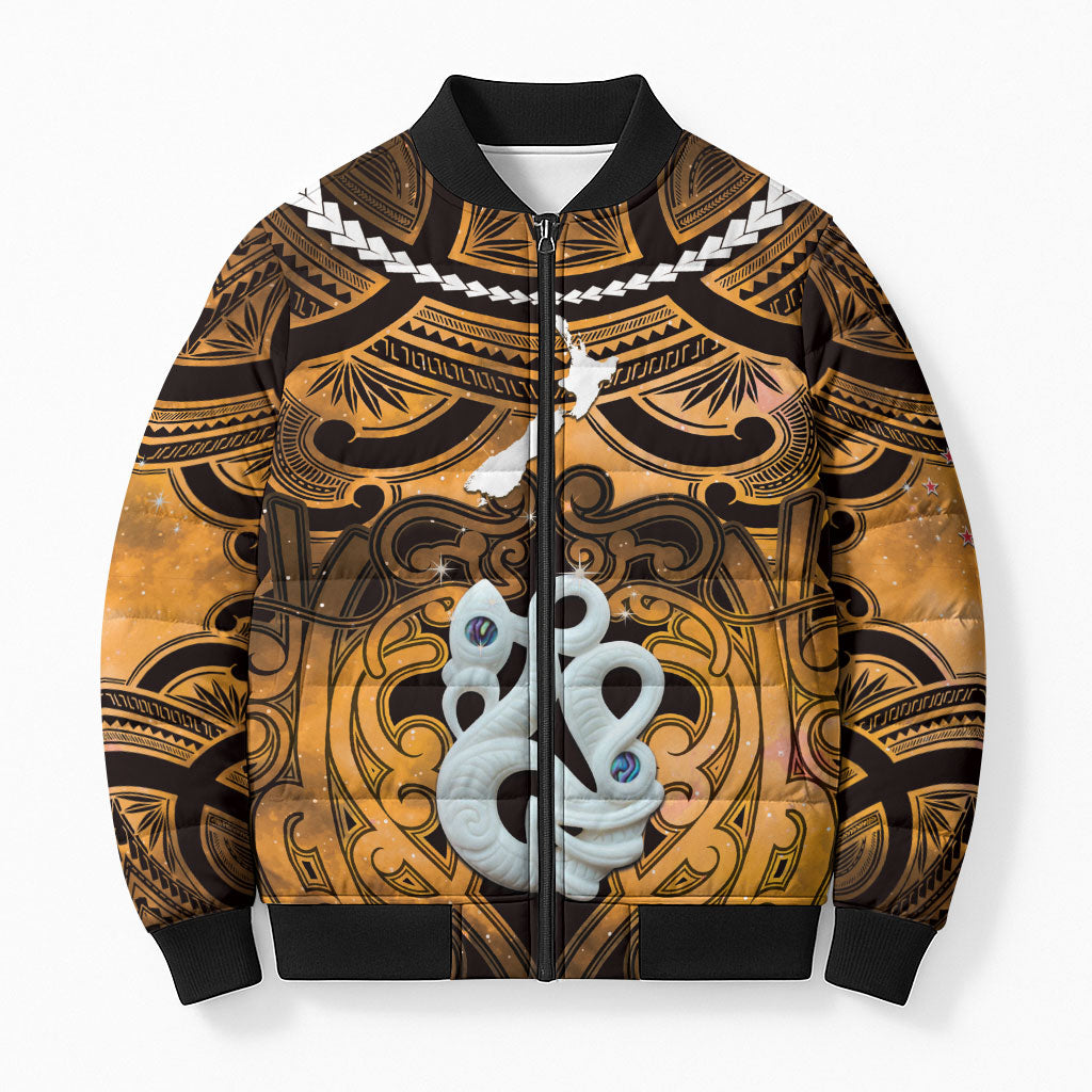 Personalised Maori Matariki Manaia Kowhai Bomber Puffer Jacket Maori Kowhaiwhai Pattern Galaxy LT01 Unisex Yellow - Polynesian Pride
