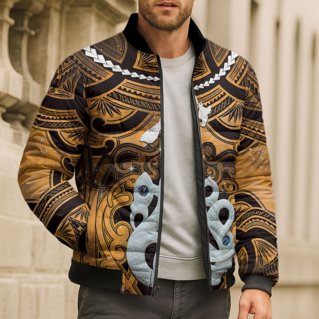 Personalised Maori Matariki Manaia Kowhai Bomber Puffer Jacket Maori Kowhaiwhai Pattern Galaxy LT01 - Polynesian Pride
