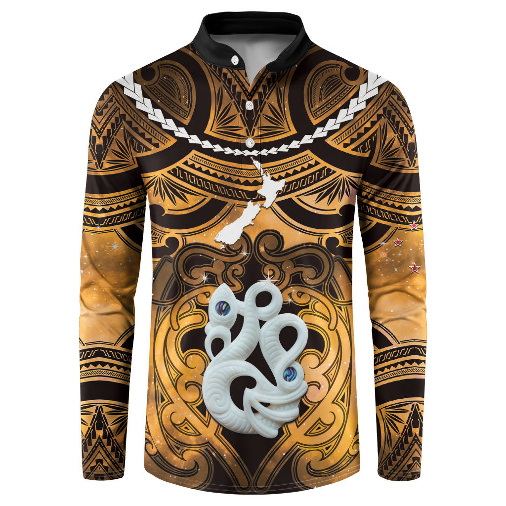 Personalised Maori Matariki Manaia Kowhai Button Sweatshirt Maori Kowhaiwhai Pattern Galaxy LT01 Yellow - Polynesian Pride