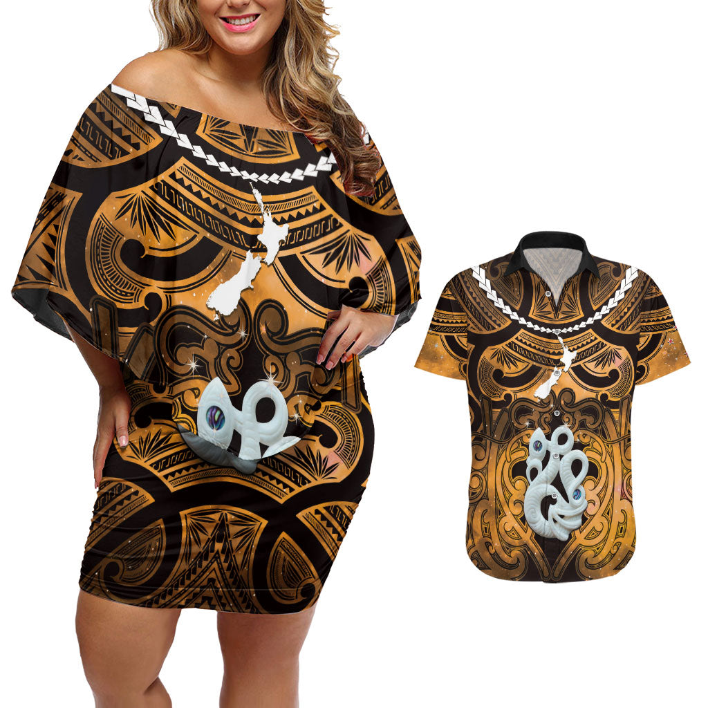 Personalised Maori Matariki Manaia Kowhai Couples Matching Off Shoulder Short Dress and Hawaiian Shirt Maori Kowhaiwhai Pattern Galaxy LT01 Yellow - Polynesian Pride