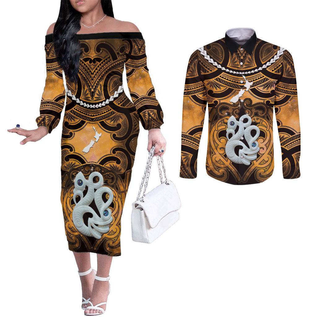 Personalised Maori Matariki Manaia Kowhai Couples Matching Off The Shoulder Long Sleeve Dress and Long Sleeve Button Shirt Maori Kowhaiwhai Pattern Galaxy LT01 Yellow - Polynesian Pride