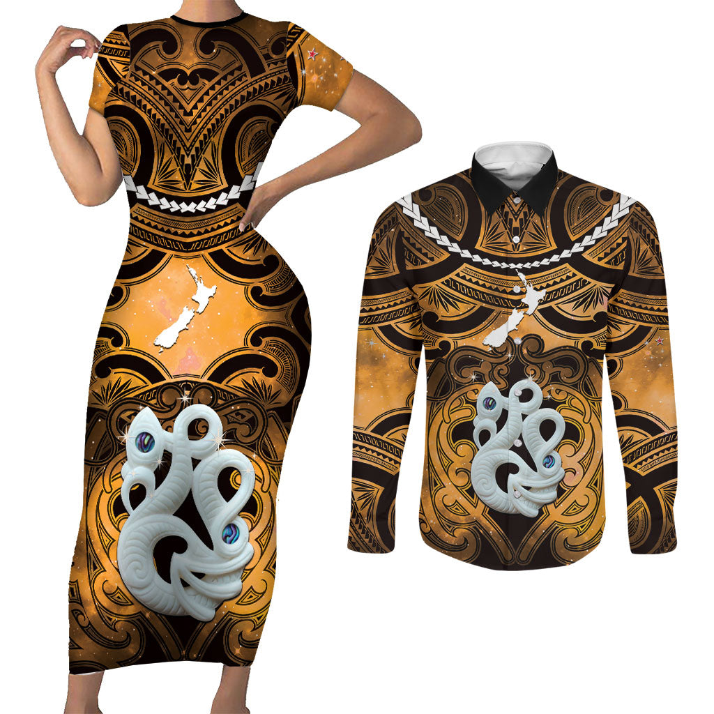Personalised Maori Matariki Manaia Kowhai Couples Matching Short Sleeve Bodycon Dress and Long Sleeve Button Shirt Maori Kowhaiwhai Pattern Galaxy LT01 Yellow - Polynesian Pride