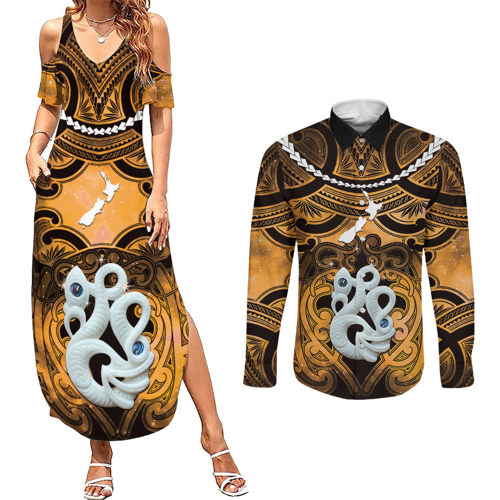 Personalised Maori Matariki Manaia Kowhai Couples Matching Summer Maxi Dress and Long Sleeve Button Shirt Maori Kowhaiwhai Pattern Galaxy LT01 Yellow - Polynesian Pride