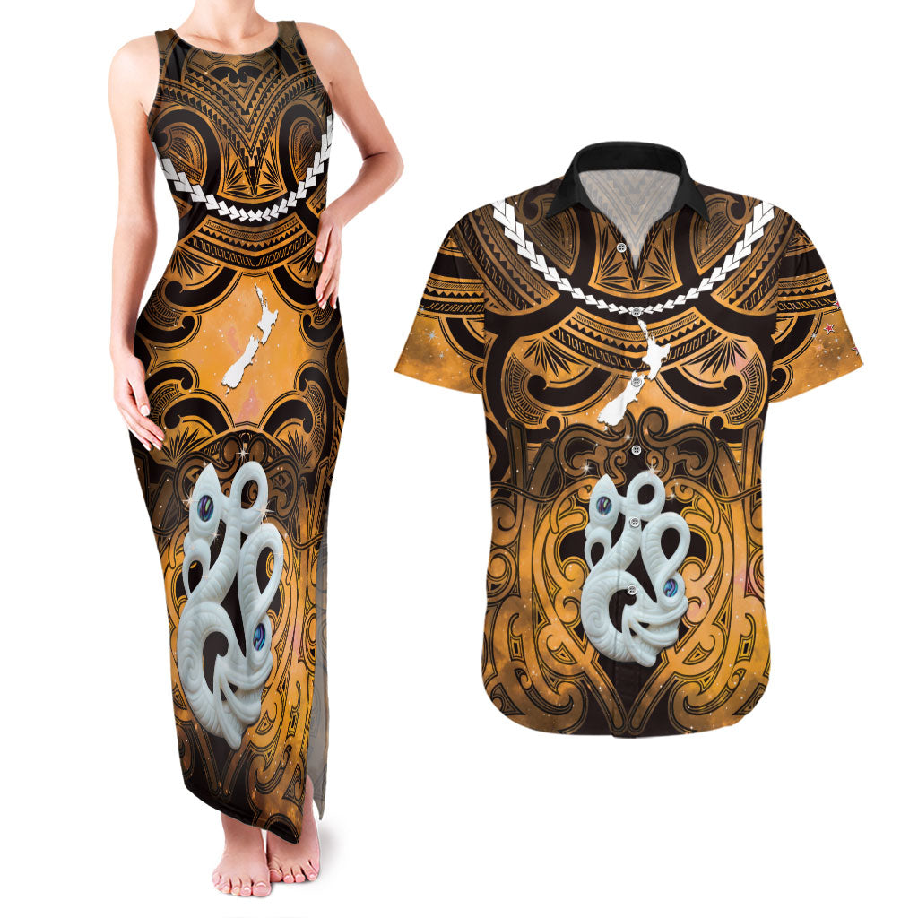 Personalised Maori Matariki Manaia Kowhai Couples Matching Tank Maxi Dress and Hawaiian Shirt Maori Kowhaiwhai Pattern Galaxy