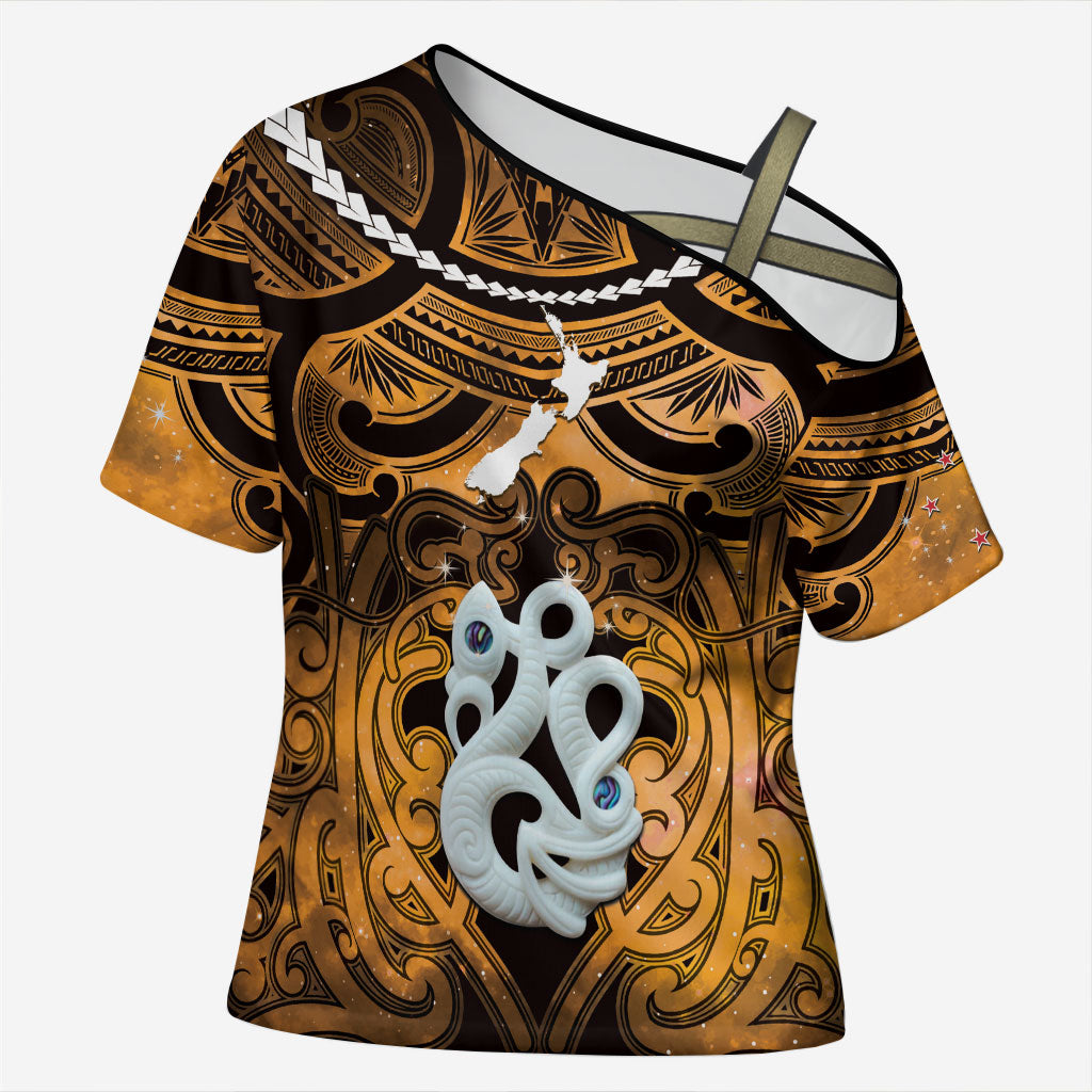 Personalised Maori Matariki Manaia Kowhai Cross Shoulder Shirt Maori Kowhaiwhai Pattern Galaxy