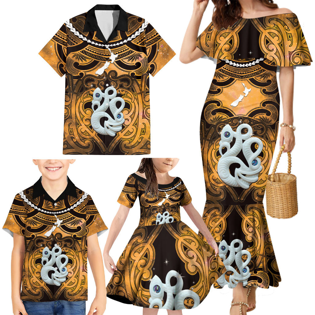 Personalised Maori Matariki Manaia Kowhai Family Matching Mermaid Dress and Hawaiian Shirt Maori Kowhaiwhai Pattern Galaxy