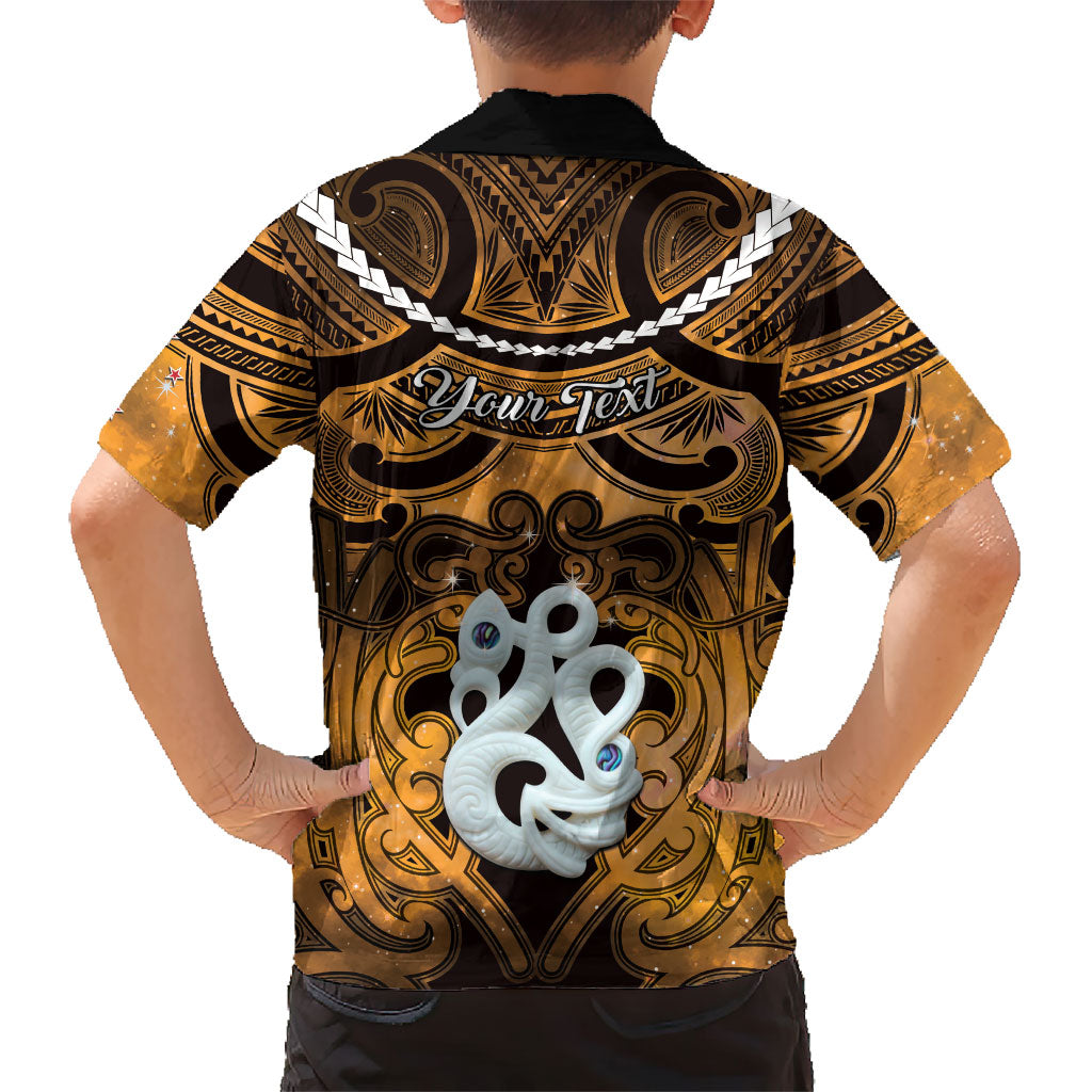 Personalised Maori Matariki Manaia Kowhai Family Matching Off Shoulder Maxi Dress and Hawaiian Shirt Maori Kowhaiwhai Pattern Galaxy