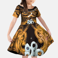 Personalised Maori Matariki Manaia Kowhai Family Matching Off Shoulder Maxi Dress and Hawaiian Shirt Maori Kowhaiwhai Pattern Galaxy