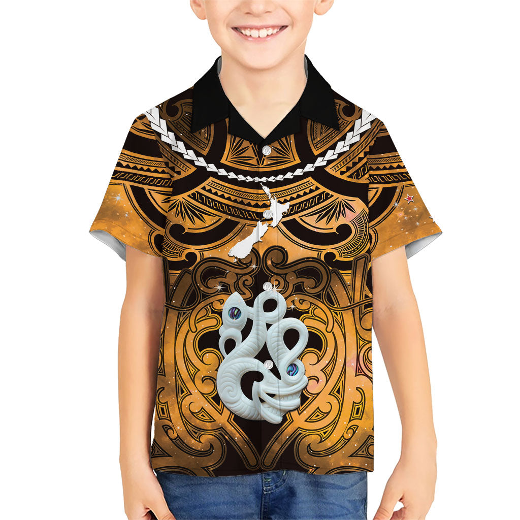 Personalised Maori Matariki Manaia Kowhai Family Matching Off Shoulder Maxi Dress and Hawaiian Shirt Maori Kowhaiwhai Pattern Galaxy