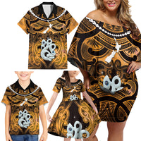 Personalised Maori Matariki Manaia Kowhai Family Matching Off Shoulder Short Dress and Hawaiian Shirt Maori Kowhaiwhai Pattern Galaxy