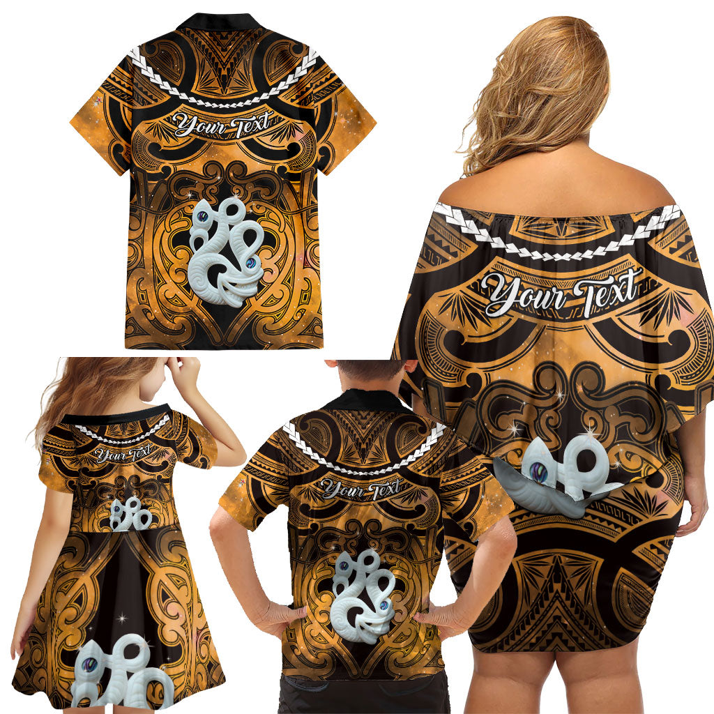 Personalised Maori Matariki Manaia Kowhai Family Matching Off Shoulder Short Dress and Hawaiian Shirt Maori Kowhaiwhai Pattern Galaxy