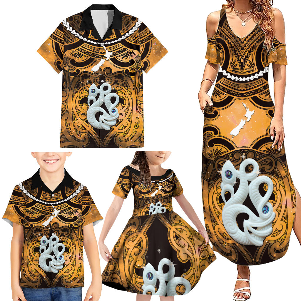 Personalised Maori Matariki Manaia Kowhai Family Matching Summer Maxi Dress and Hawaiian Shirt Maori Kowhaiwhai Pattern Galaxy LT01 - Polynesian Pride