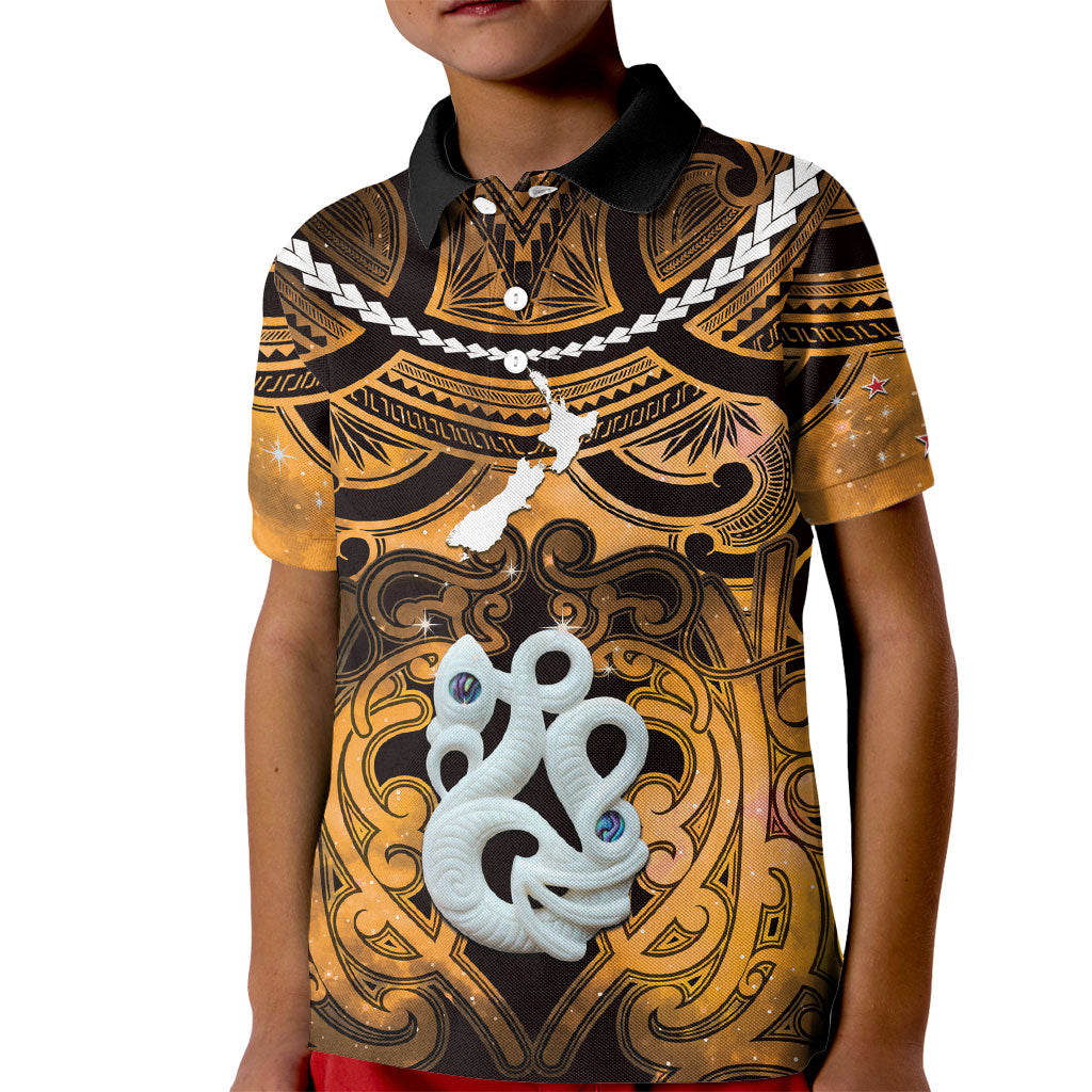 Personalised Maori Matariki Manaia Kowhai Kid Polo Shirt Maori Kowhaiwhai Pattern Galaxy LT01 Kid Yellow - Polynesian Pride