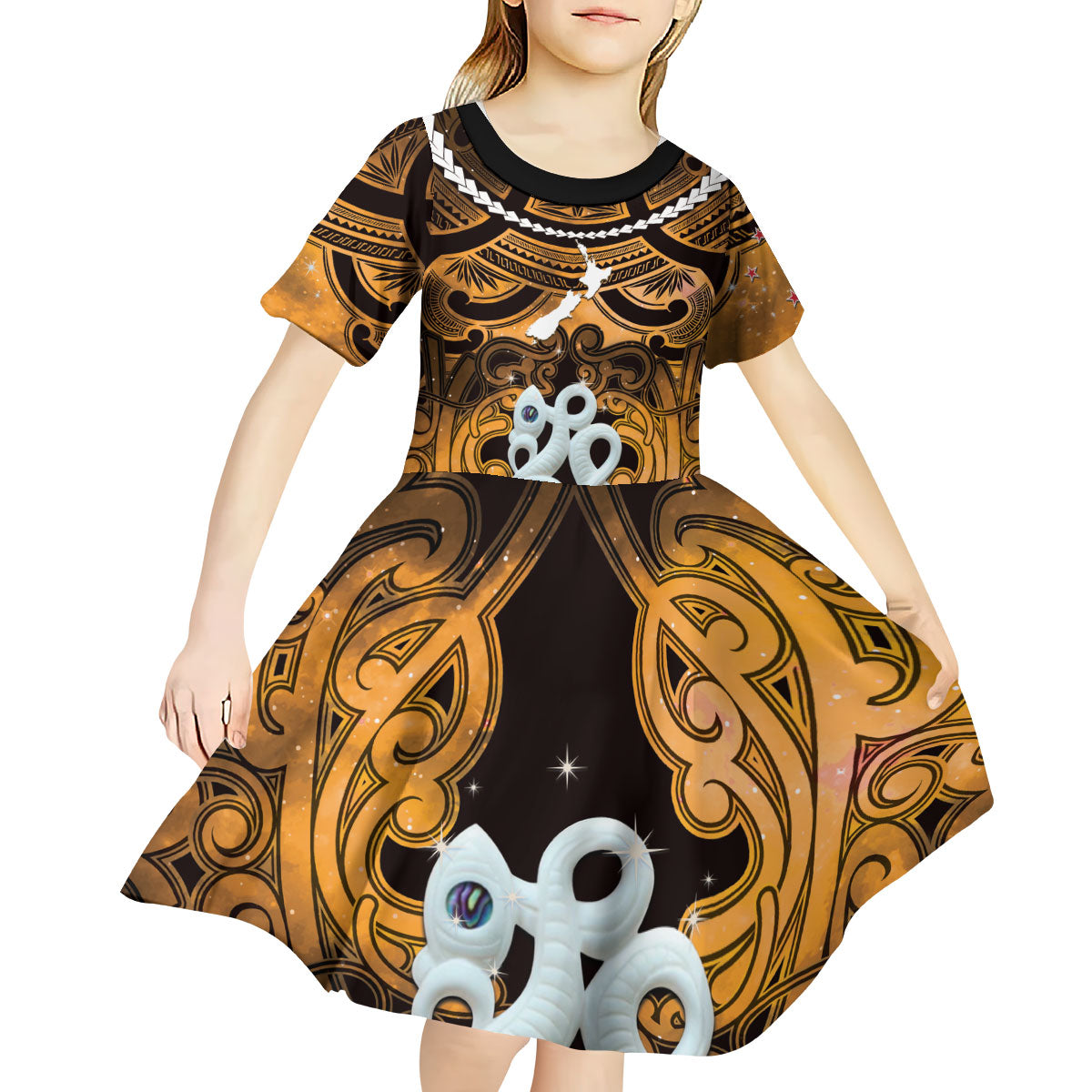 Personalised Maori Matariki Manaia Kowhai Kid Short Sleeve Dress Maori Kowhaiwhai Pattern Galaxy LT01 - Polynesian Pride