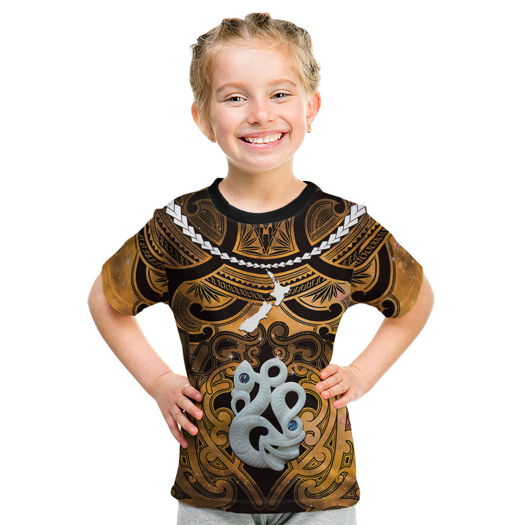 Personalised Maori Matariki Manaia Kowhai Kid T Shirt Maori Kowhaiwhai Pattern Galaxy LT01 Yellow - Polynesian Pride