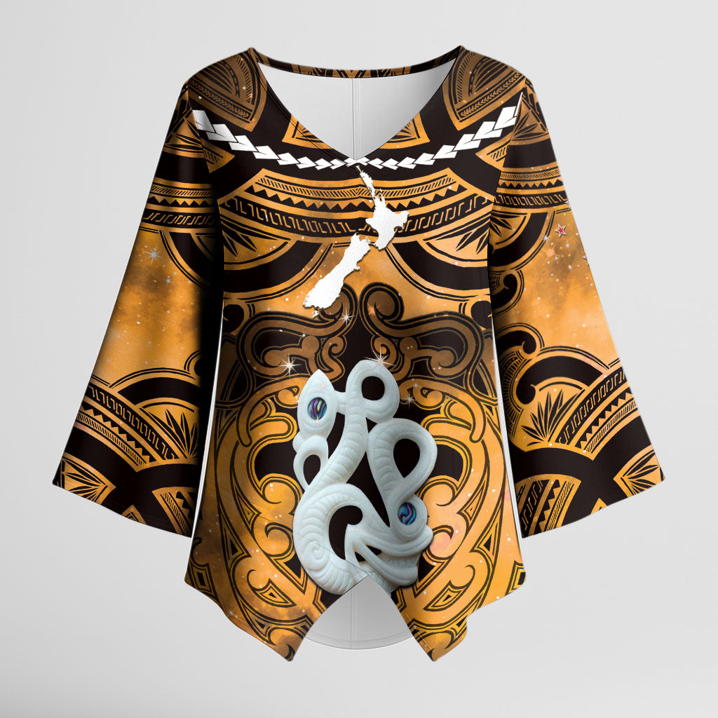 Personalised Maori Matariki Manaia Kowhai Kimono Sleeve Blouse Maori Kowhaiwhai Pattern Galaxy LT01 Female Yellow - Polynesian Pride