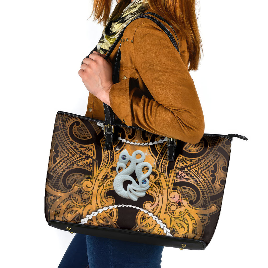 Maori Matariki Manaia Kowhai Leather Tote Bag Maori Kowhaiwhai Pattern Galaxy LT01 Yellow - Polynesian Pride