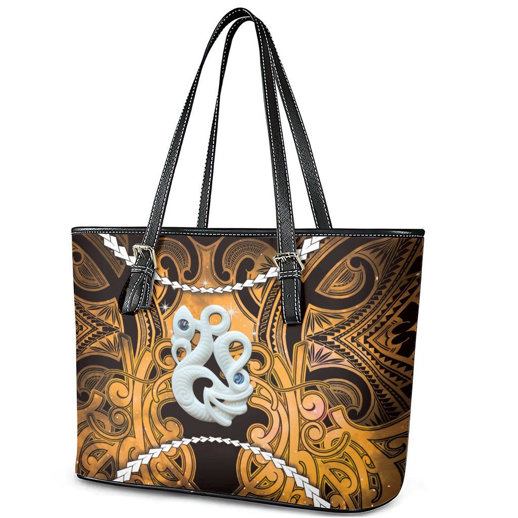 Maori Matariki Manaia Kowhai Leather Tote Bag Maori Kowhaiwhai Pattern Galaxy LT01 - Polynesian Pride