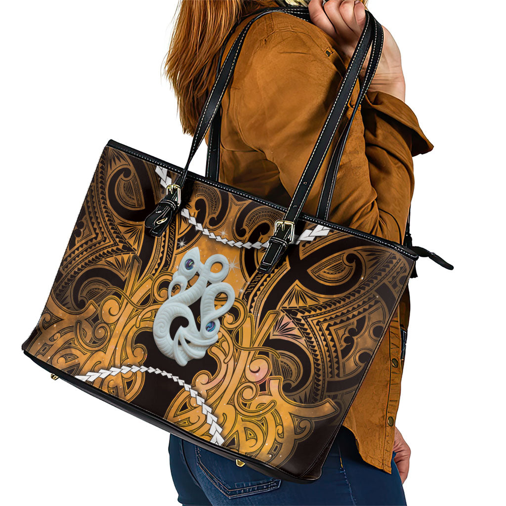 Maori Matariki Manaia Kowhai Leather Tote Bag Maori Kowhaiwhai Pattern Galaxy LT01 - Polynesian Pride