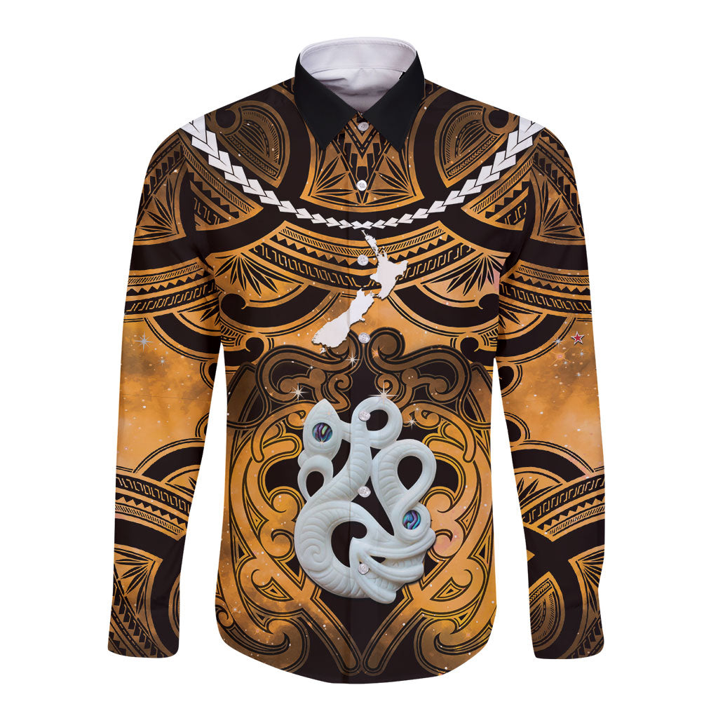 Personalised Maori Matariki Manaia Kowhai Long Sleeve Button Shirt Maori Kowhaiwhai Pattern Galaxy LT01 Unisex Yellow - Polynesian Pride