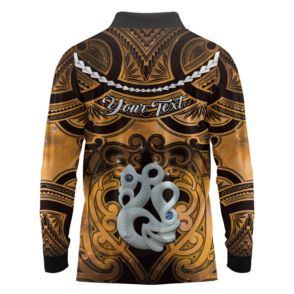 Personalised Maori Matariki Manaia Kowhai Long Sleeve Polo Shirt Maori Kowhaiwhai Pattern Galaxy LT01 - Polynesian Pride