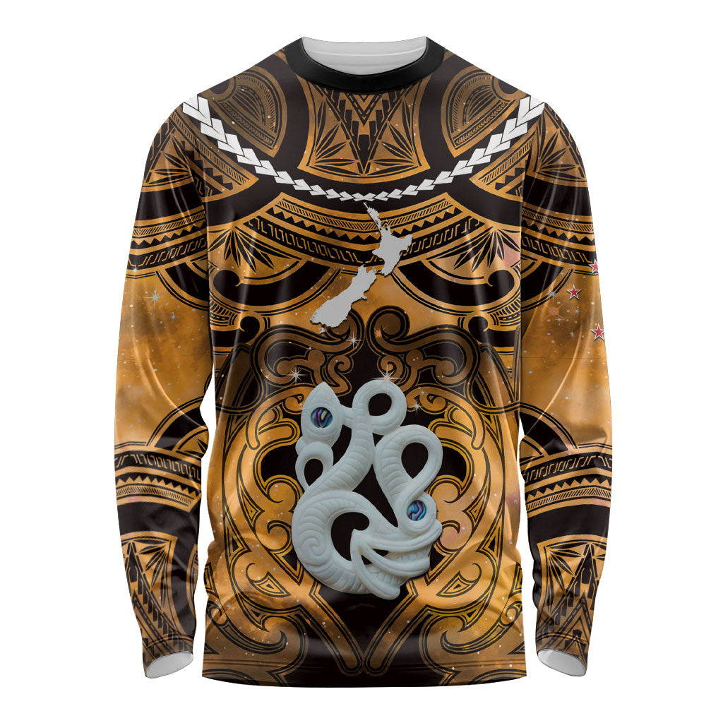 Personalised Maori Matariki Manaia Kowhai Long Sleeve Shirt Maori Kowhaiwhai Pattern Galaxy LT01 Unisex Yellow - Polynesian Pride