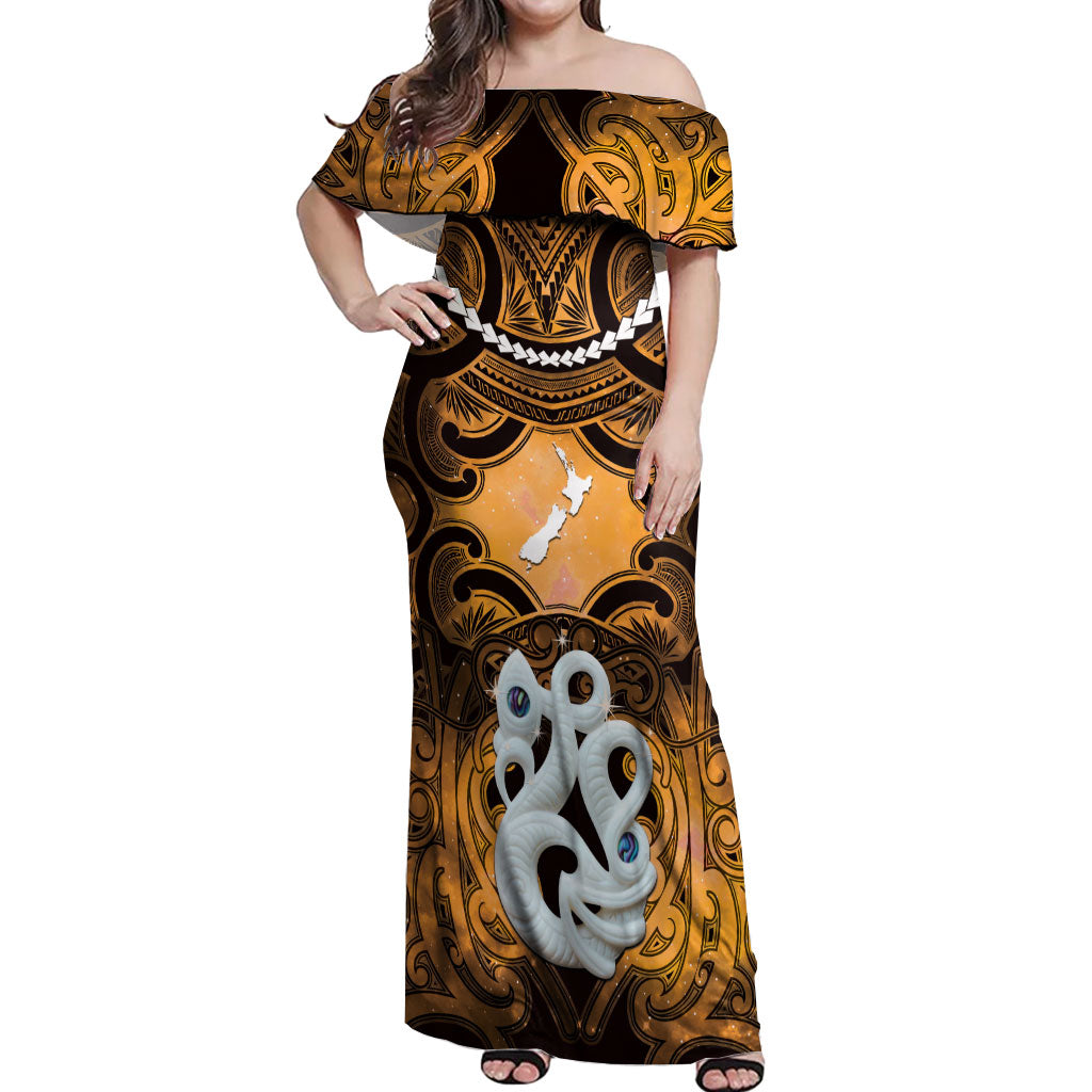 Personalised Maori Matariki Manaia Kowhai Off Shoulder Maxi Dress Maori Kowhaiwhai Pattern Galaxy LT01 Women Yellow - Polynesian Pride