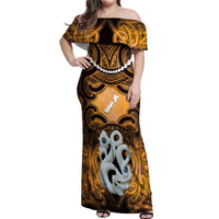 Personalised Maori Matariki Manaia Kowhai Off Shoulder Maxi Dress Maori Kowhaiwhai Pattern Galaxy LT01 Women Yellow - Polynesian Pride