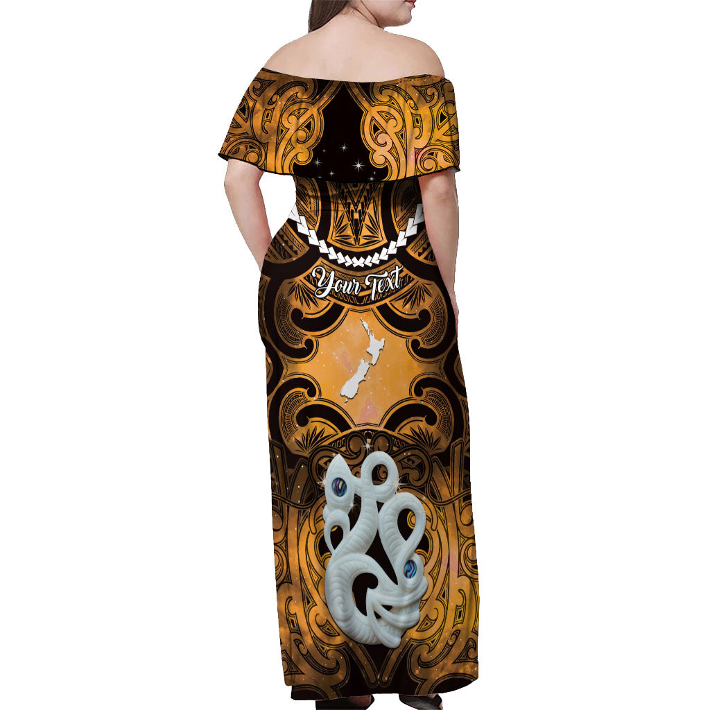 Personalised Maori Matariki Manaia Kowhai Off Shoulder Maxi Dress Maori Kowhaiwhai Pattern Galaxy LT01 - Polynesian Pride