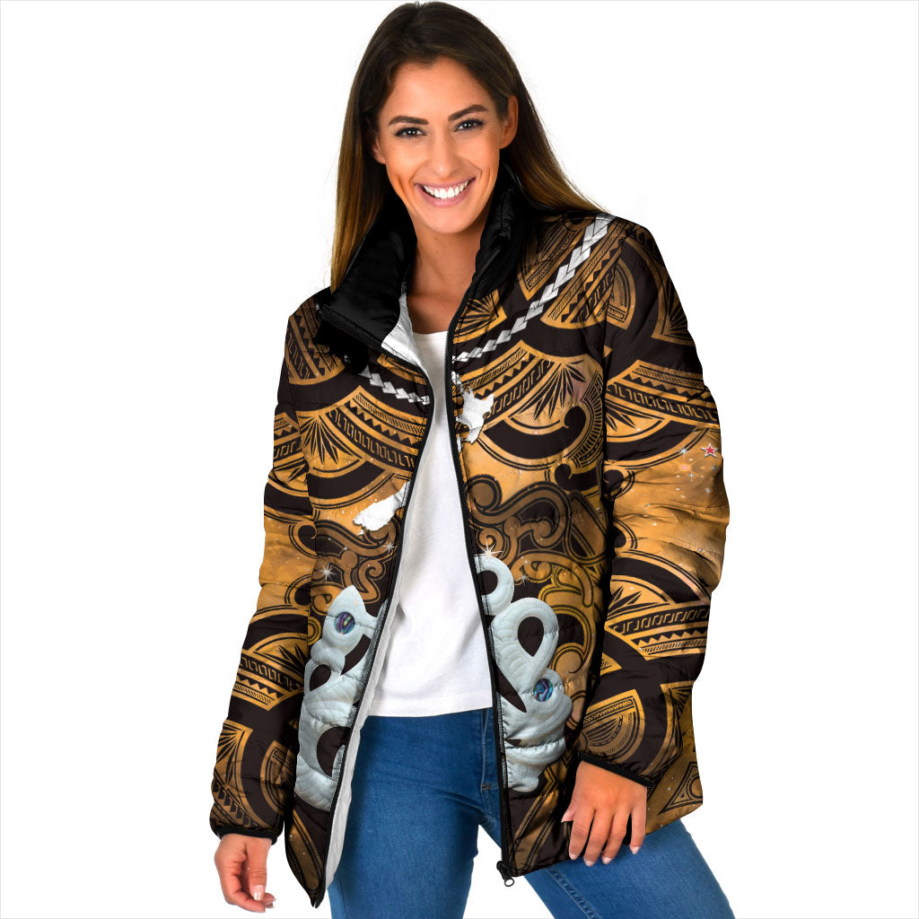 Personalised Maori Matariki Manaia Kowhai Padded Jacket Maori Kowhaiwhai Pattern Galaxy LT01 Women Yellow - Polynesian Pride