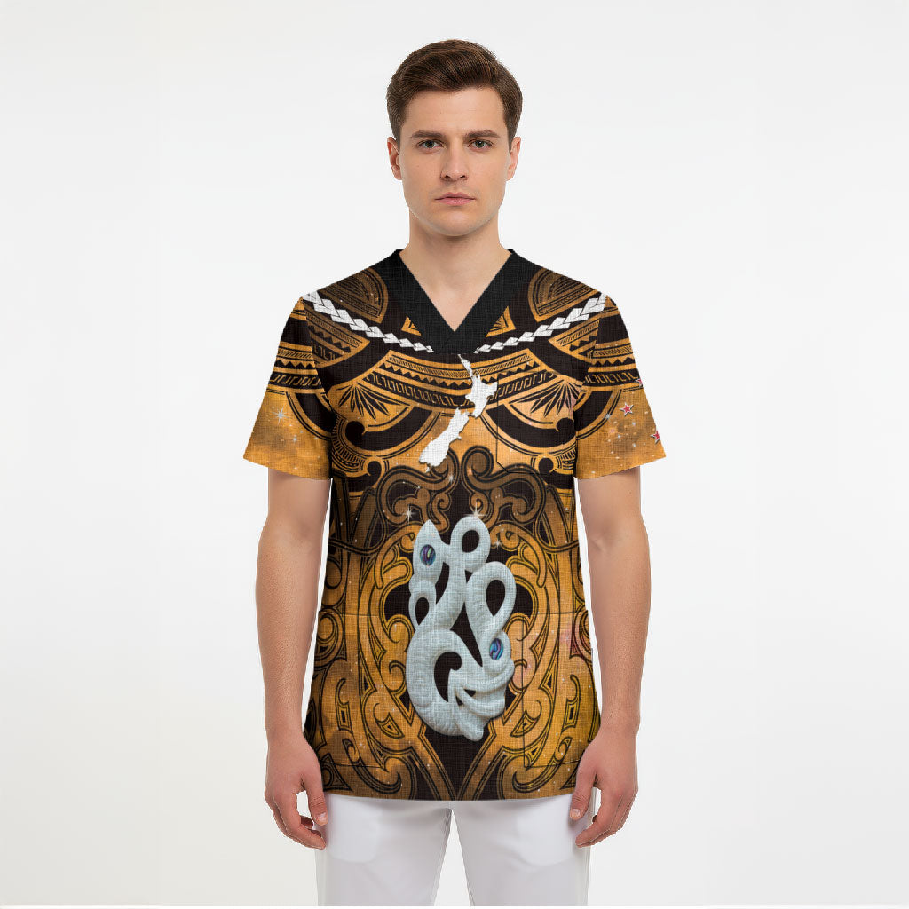 Personalised Maori Matariki Manaia Kowhai Scrub Top Maori Kowhaiwhai Pattern Galaxy LT01 - Polynesian Pride