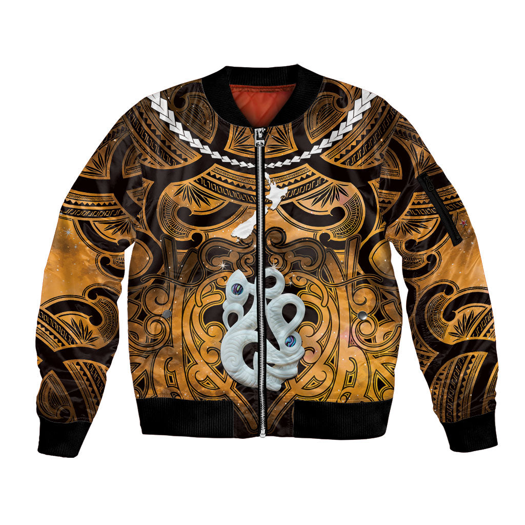Personalised Maori Matariki Manaia Kowhai Sleeve Zip Bomber Jacket Maori Kowhaiwhai Pattern Galaxy LT01 Unisex Yellow - Polynesian Pride