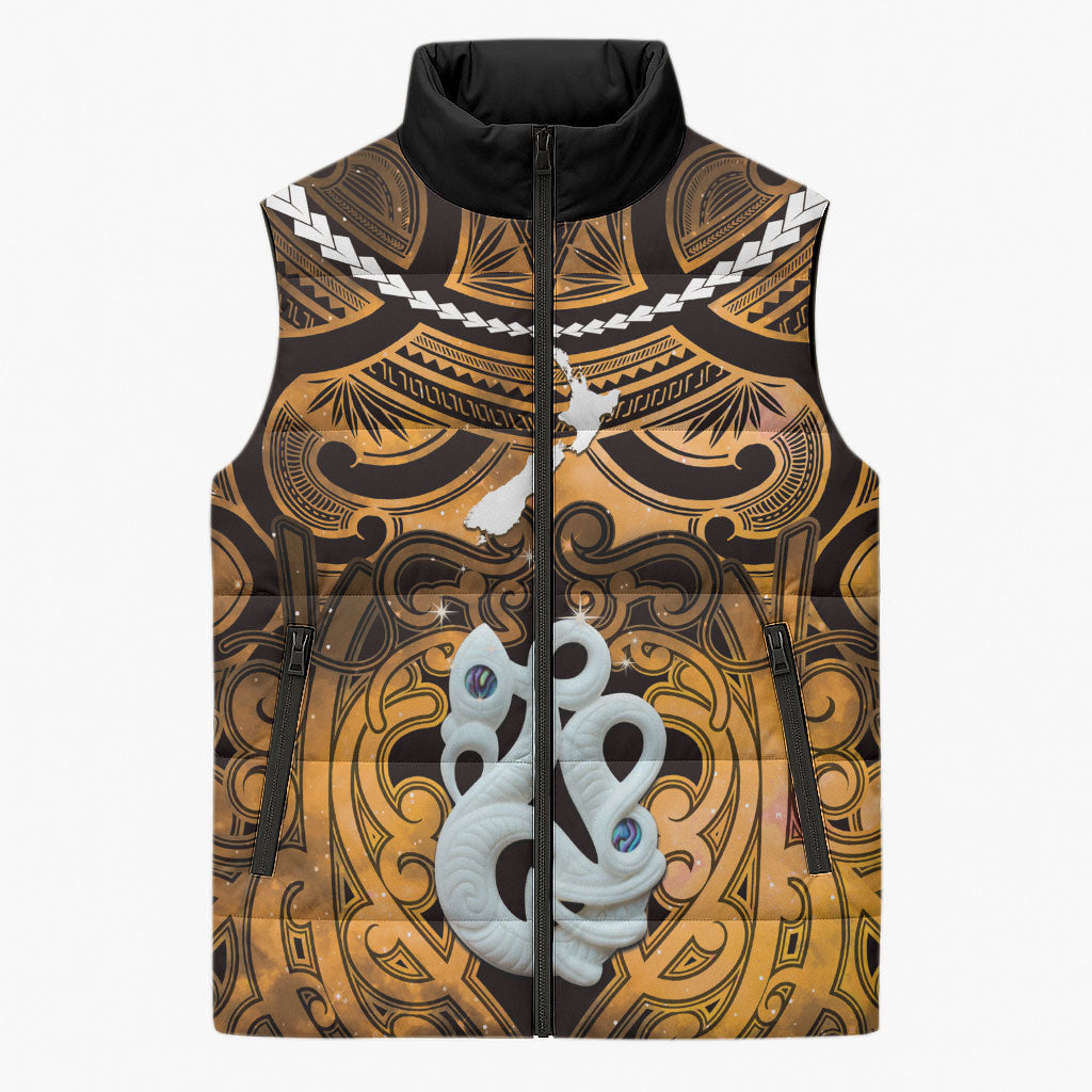 Personalised Maori Matariki Manaia Kowhai Sleeveless Puffer Jacket Maori Kowhaiwhai Pattern Galaxy LT01 Unisex Yellow - Polynesian Pride