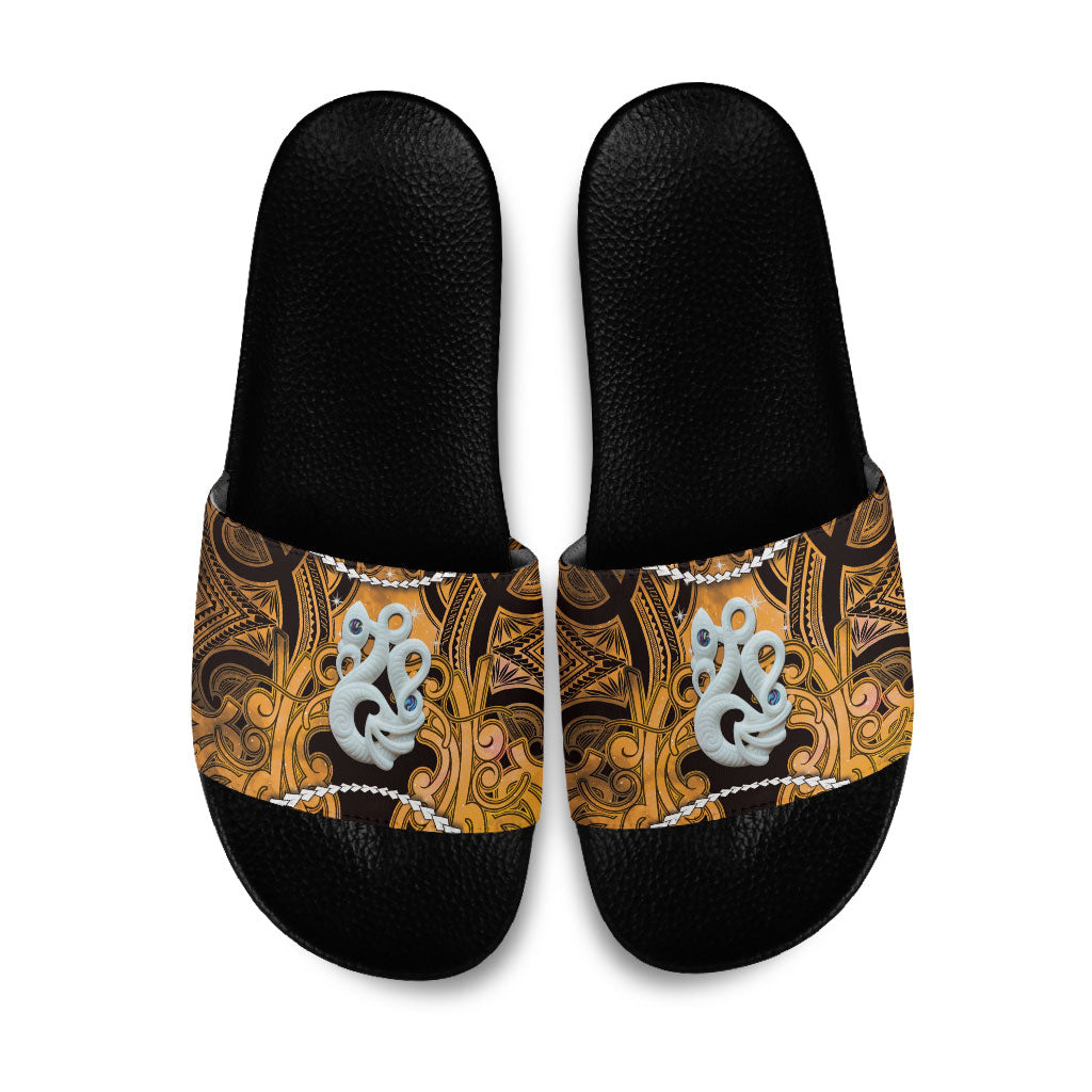 Maori Matariki Manaia Kowhai Slide Sandals Maori Kowhaiwhai Pattern Galaxy LT01 Yellow - Polynesian Pride