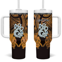 Personalised Maori Matariki Manaia Kowhai Tumbler With Handle Maori Kowhaiwhai Pattern Galaxy LT01 One Size: 40 oz Yellow - Polynesian Pride