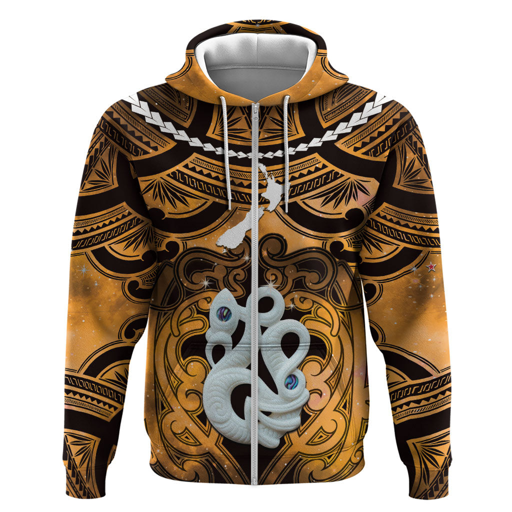 Personalised Maori Matariki Manaia Kowhai Zip Hoodie Maori Kowhaiwhai Pattern Galaxy LT01 Zip Hoodie Yellow - Polynesian Pride