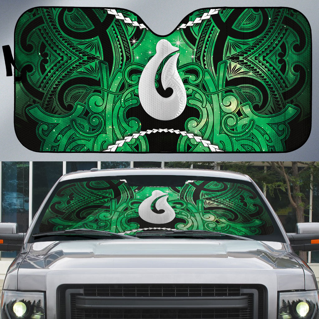 Maori Matariki Hei Matau Kakariki Auto Sun Shade Maori Kowhaiwhai Pattern Galaxy LT01 Green - Polynesian Pride