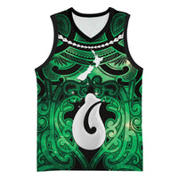 Personalised Maori Matariki Hei Matau Kakariki Basketball Jersey Maori Kowhaiwhai Pattern Galaxy LT01 Unisex Green - Polynesian Pride