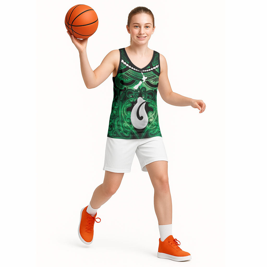 Personalised Maori Matariki Hei Matau Kakariki Basketball Jersey Maori Kowhaiwhai Pattern Galaxy LT01 - Polynesian Pride