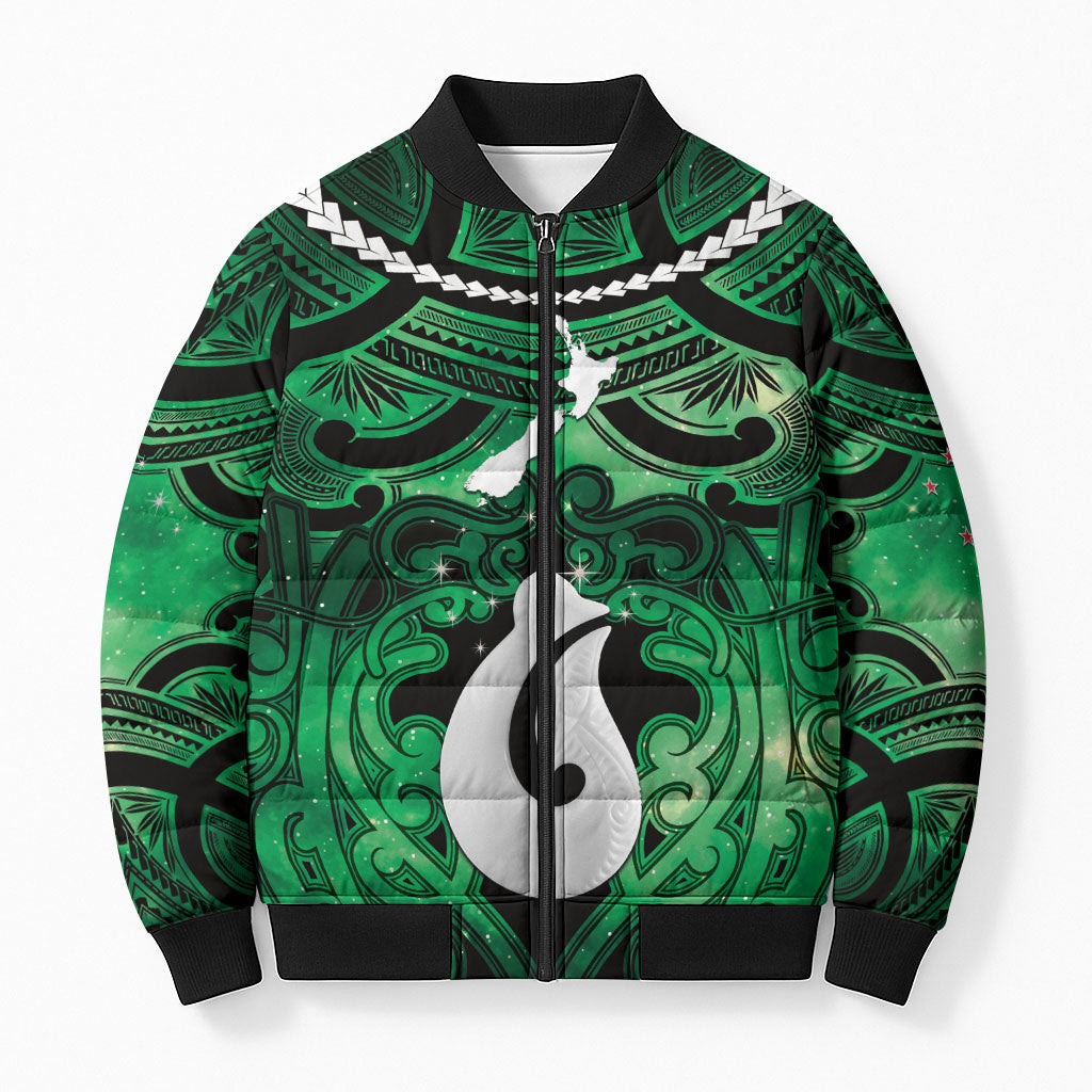 Personalised Maori Matariki Hei Matau Kakariki Bomber Puffer Jacket Maori Kowhaiwhai Pattern Galaxy