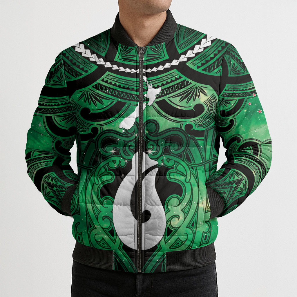 Personalised Maori Matariki Hei Matau Kakariki Bomber Puffer Jacket Maori Kowhaiwhai Pattern Galaxy