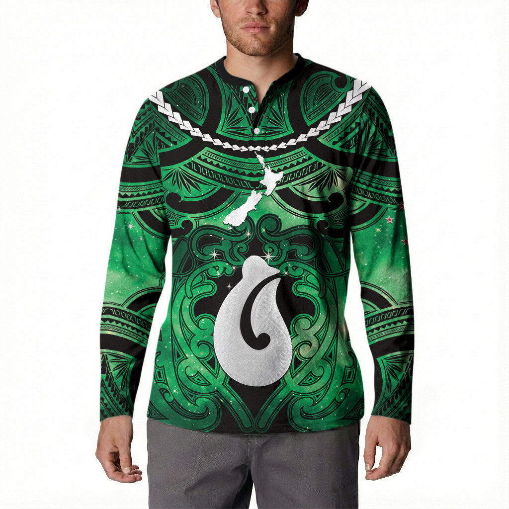 Personalised Maori Matariki Hei Matau Kakariki Button Sweatshirt Maori Kowhaiwhai Pattern Galaxy LT01 - Polynesian Pride