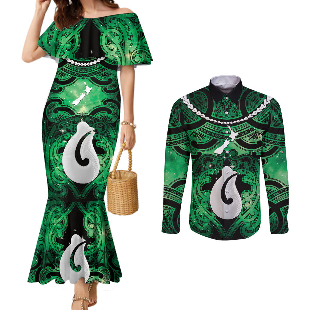 Personalised Maori Matariki Hei Matau Kakariki Couples Matching Mermaid Dress and Long Sleeve Button Shirt Maori Kowhaiwhai Pattern Galaxy LT01 Green - Polynesian Pride