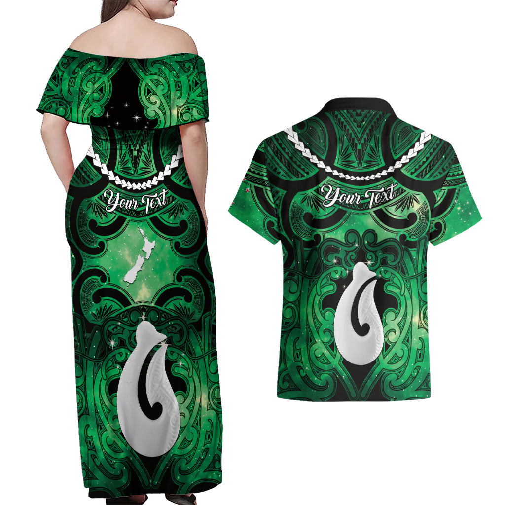 Personalised Maori Matariki Hei Matau Kakariki Couples Matching Off Shoulder Maxi Dress and Hawaiian Shirt Maori Kowhaiwhai Pattern Galaxy